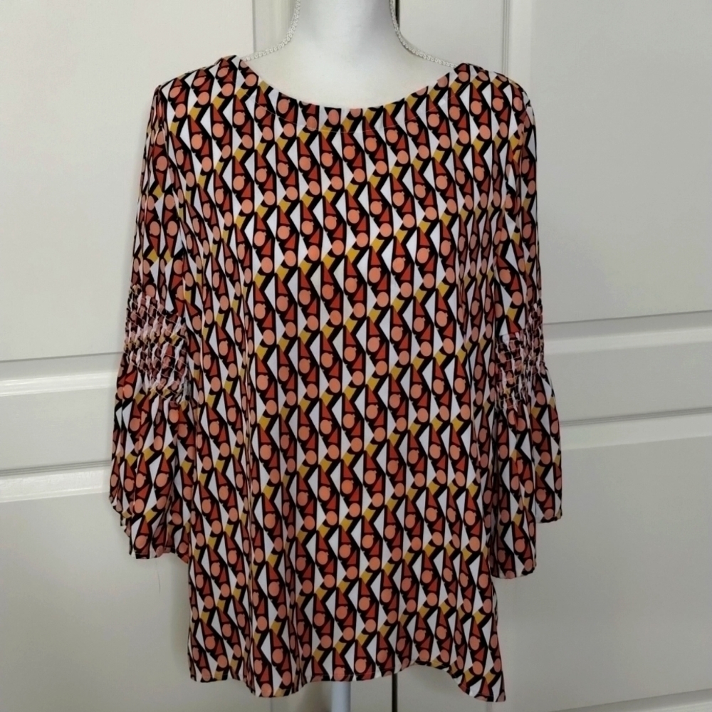 Como Blue Women's Large Geometric Print Ruffle Sleeve Blouse V-Back
